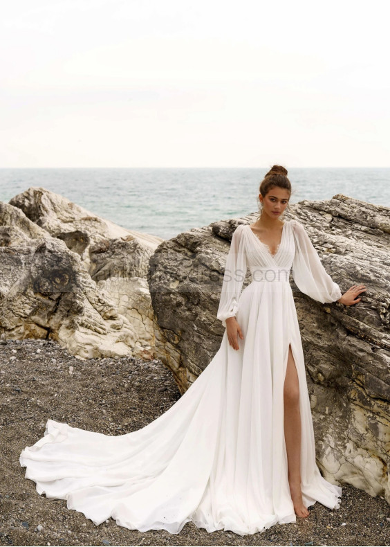 Long Sleeves Ivory Lace Chiffon Boho Beach Slit Wedding Dress